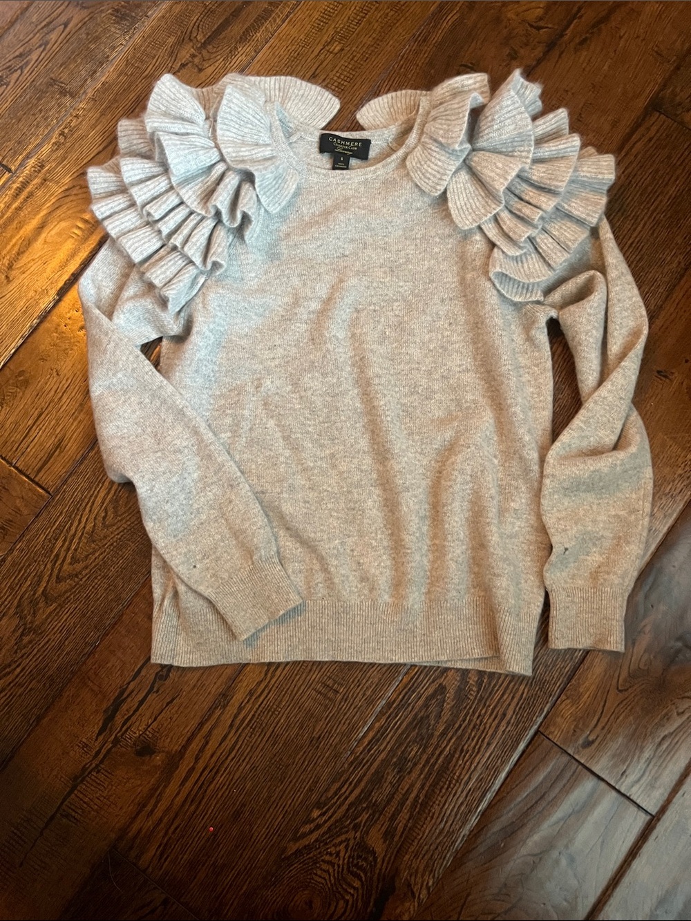 Charter Club Light Gray Ruffle Shoulder Crewneck Sweater